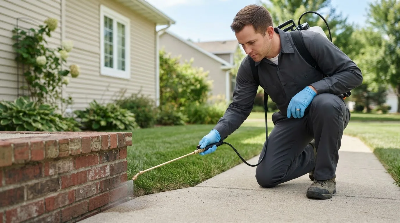 Pest control technician treating a home near Blissfield, MI