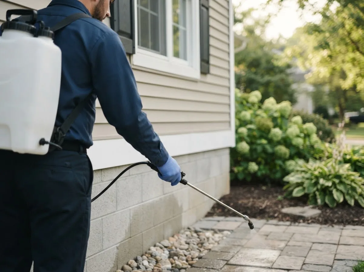 Pest control technician inspecting a home in Blissfield, MI